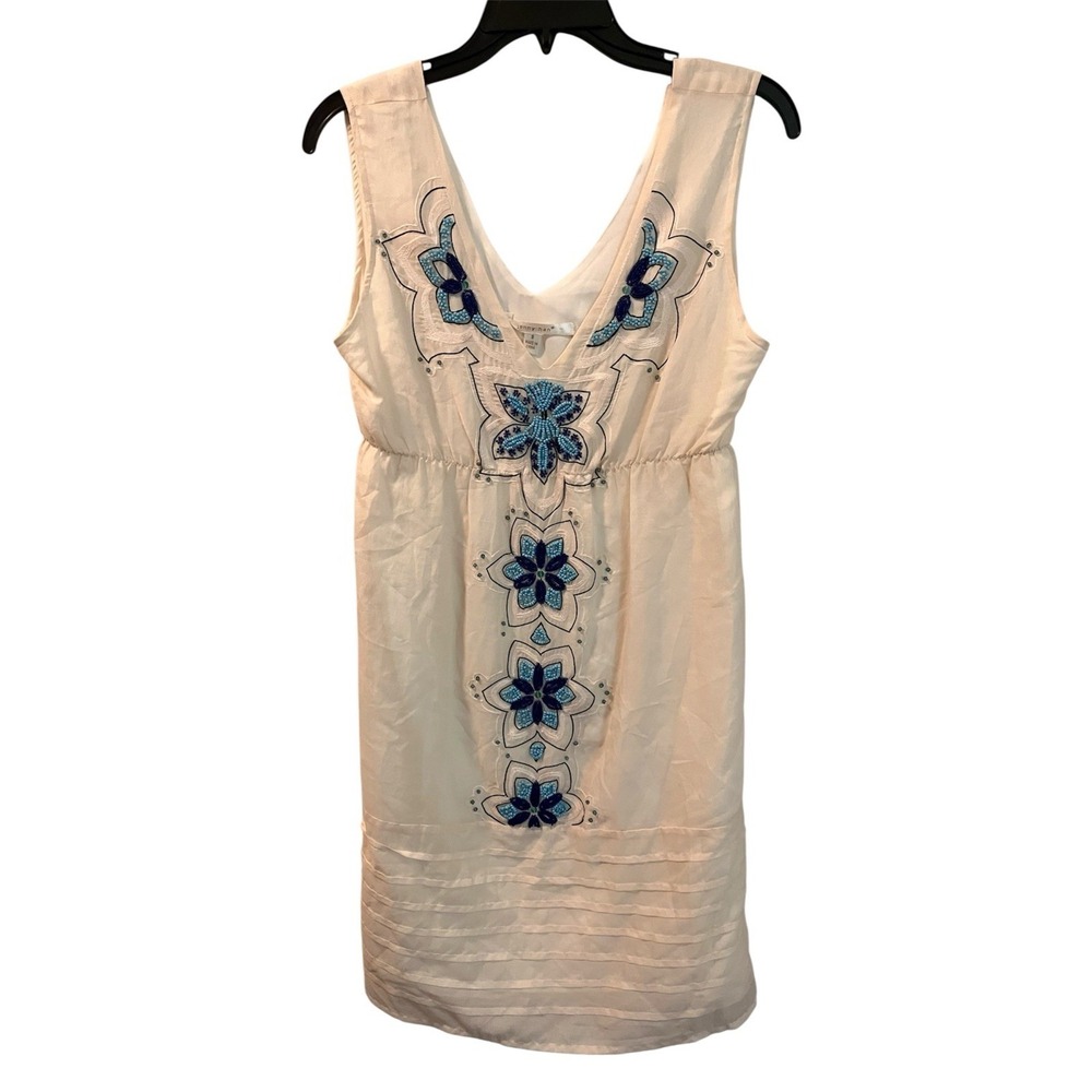 Jenny Han Ivory Silk Dress Blue Floral Beading Pleated Empire Waist Boho Sz S